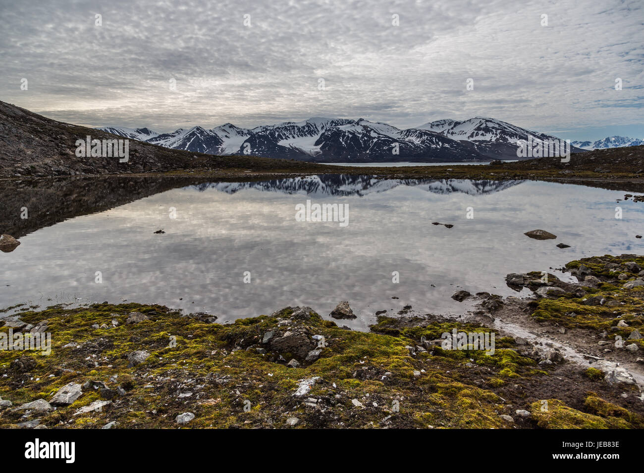 Il delicato pattern di nuvole grigie e si riflette in una piccola piscina vicino Makeøyane in Spitzbergen, vicino al Texas Bar hut utilizzato dai cacciatori. Foto Stock