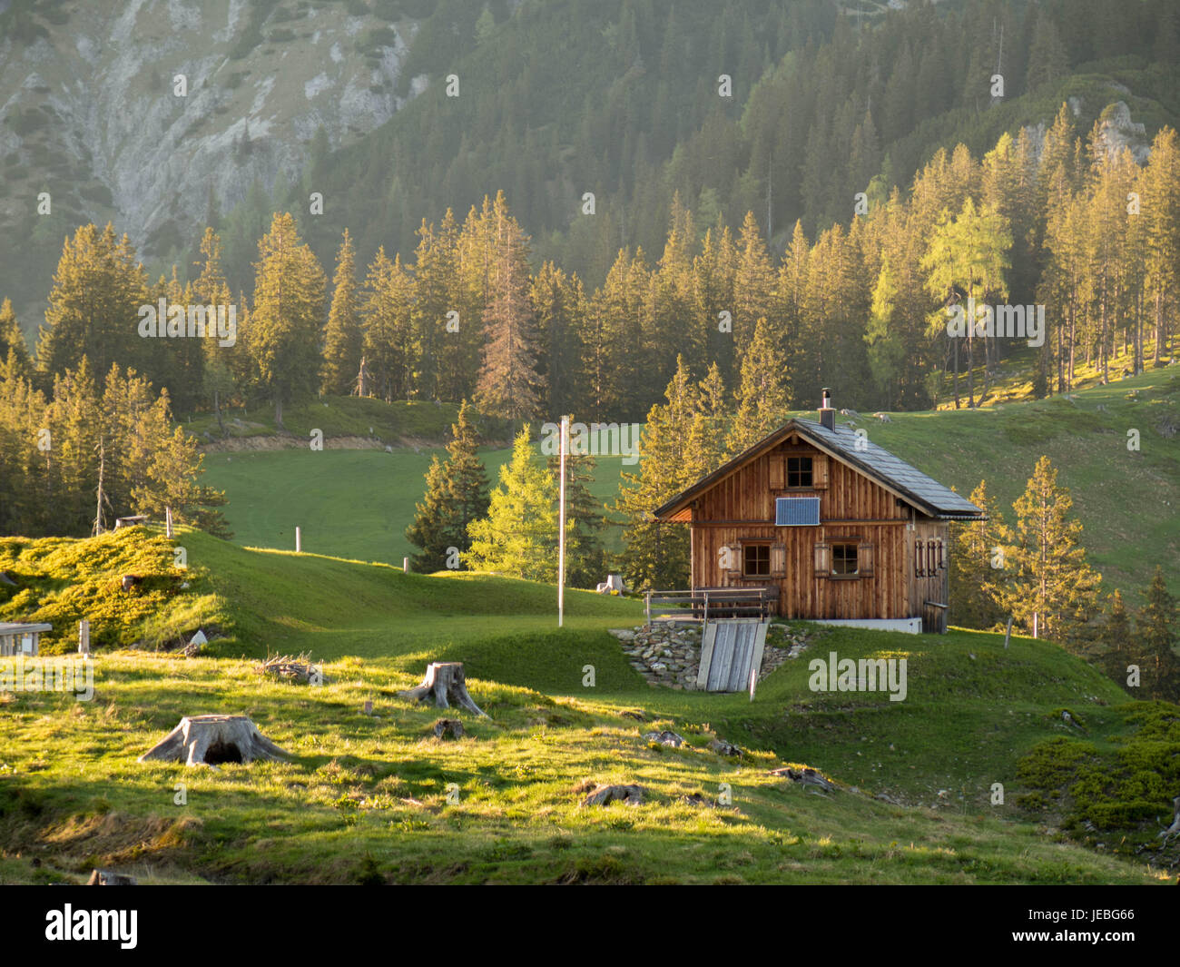 Bellissimo chalet / cottage / shack un erba nelle alpi in Austria con la montagna e gli alberi del backround Foto Stock