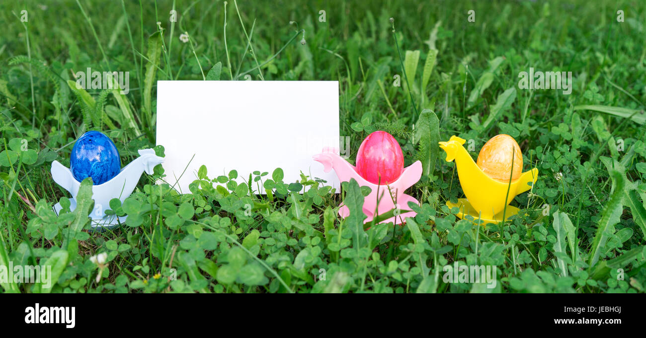 Colorate le uova di Pasqua nell'uovo cup con lo spazio di copia Foto Stock