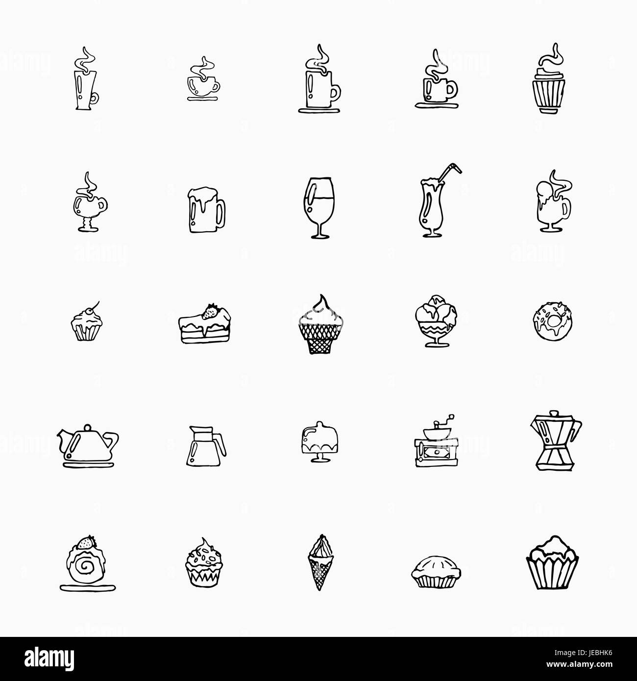 Set di disegnati a mano le icone sul cibo, tazze di caffè, alcool, dessert, gelati ed elettrodomestici per la cucina. Illustrazione Vettoriale Illustrazione Vettoriale
