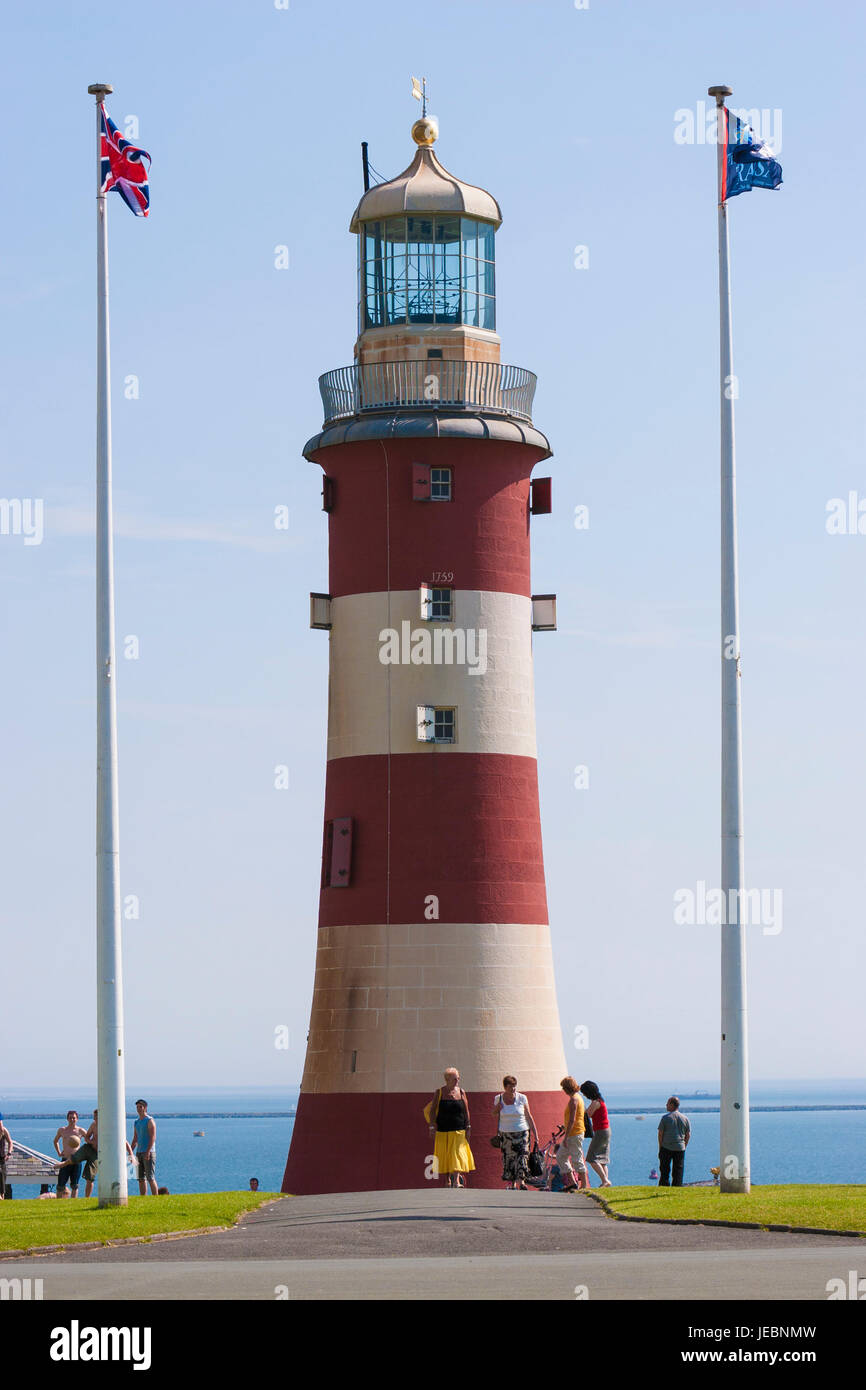 Il vecchio faro di Eddystone, Smeaton torre del faro e la Plymouth Hoe al golden sunset Foto Stock