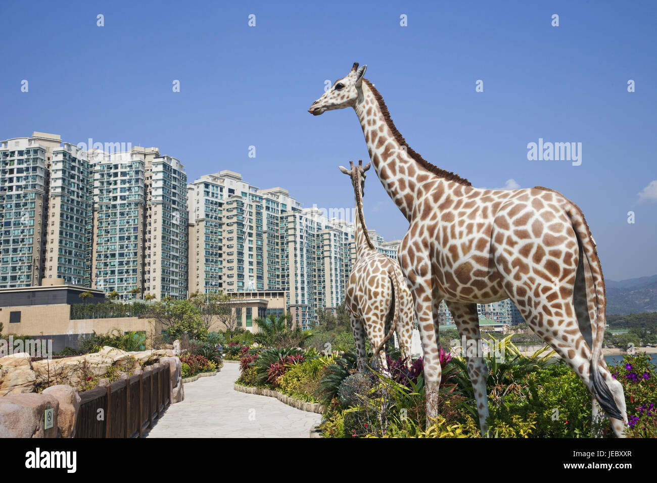 Cina, Hong Kong, parco Islanda, full-size giraffe sculture nell'arca di Noè, alta sorge in background, Foto Stock