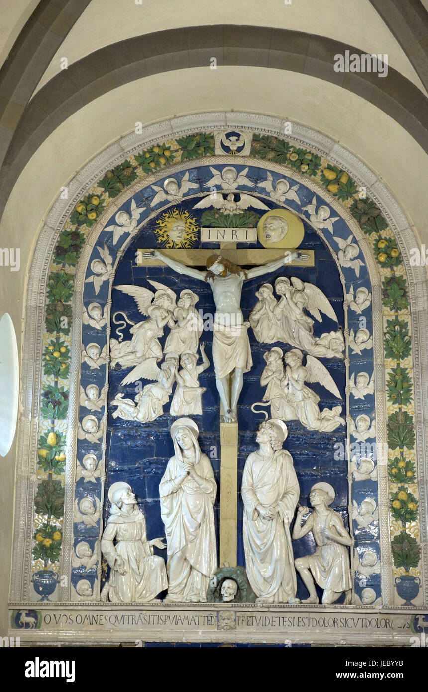 L'Italia, Toscana, Casentino, chiostro di La Verna, plastica ceramica di Andrea Della Robbia, Foto Stock