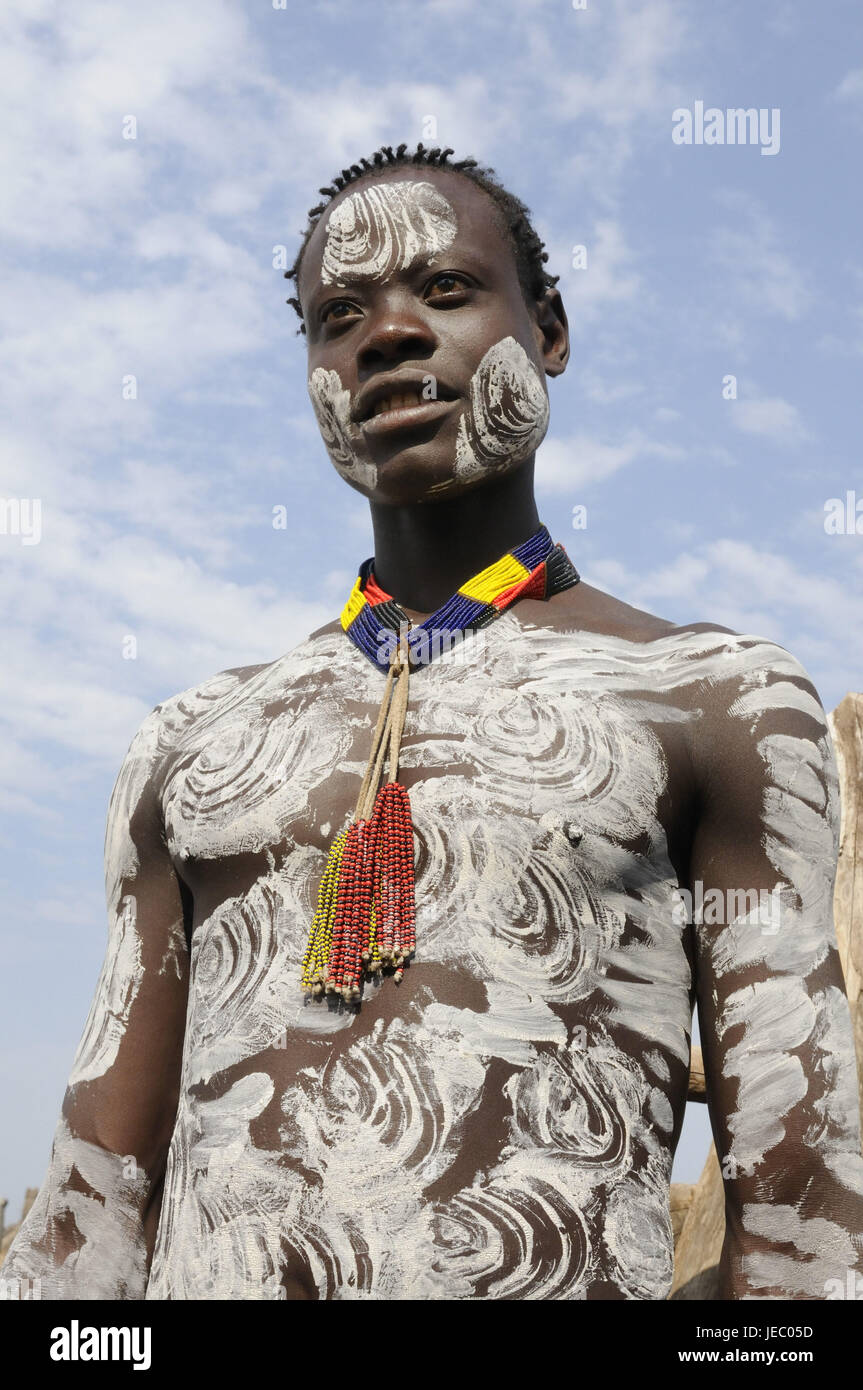 L'uomo, body painting, tribù il quadrato, Omotal sud, sud Etiopia, Foto Stock