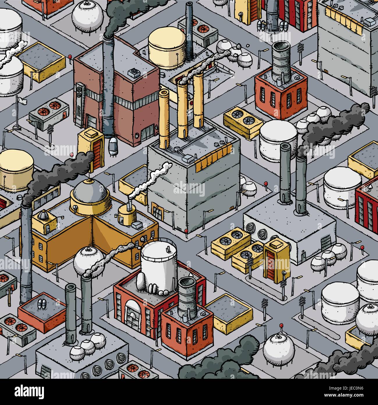 Cartoon isometrica di una zona densa di industria pesante con fabbriche, raffinerie, fumaioli e i serbatoi del combustibile. Illustrazione Vettoriale