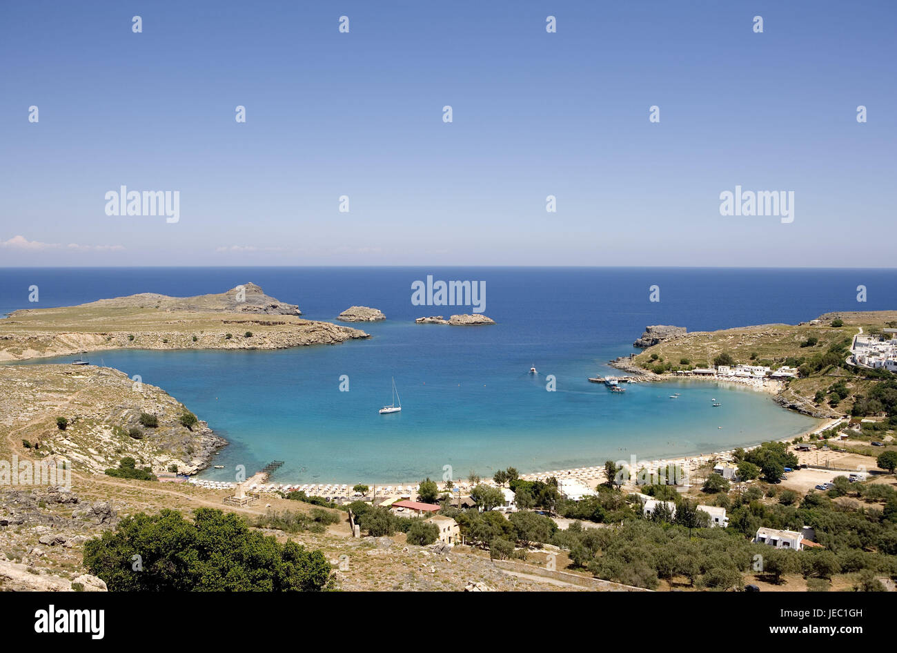 La Grecia, Rodi, Lindos, spiaggia, mare, acque, meta di vacanza, vacanze, turismo, acque, Horizon, visualizzazione Foto Stock