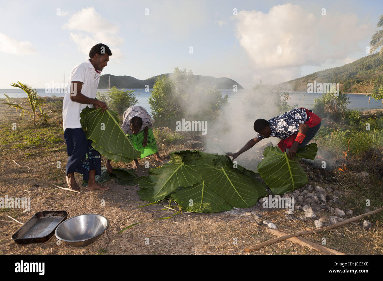 La gente del posto cook con terra forno, Makogai, Lomaviti, Figi, Foto Stock