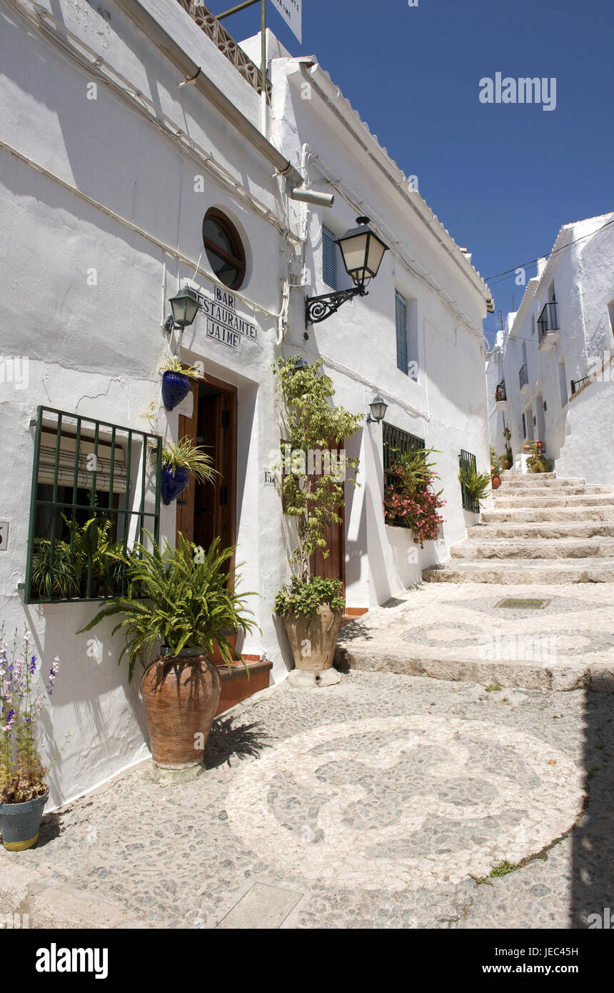 Spagna, Andalusia, Costa del Sol, Frigiliana, case bianche e fiori, Foto Stock