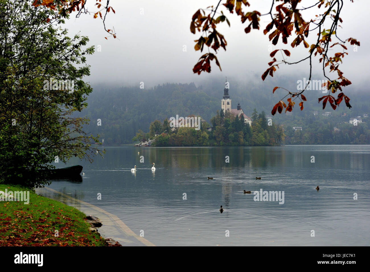 La Slovenia, regione di Gorenjska, Bled, vista sul lago Bleder sull isola con la chiesa, Foto Stock