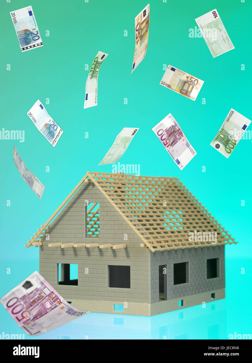 Modello di casa, casa unifamiliare, shell, monetaria pioggia, icona, risparmio di costruzione, costruzione casa premium, [M], real estate, il possesso, la proprietà propria casa, casa, modello modello di casa, casa residenziale, banconote, denaro, pioggia, immobili residenziali, concezione, piano finanziario, la costruzione della società accordo di risparmio, economia di costruzione anticipo, spese, costi di costruzione, di distribuzione, di interesse, dei redditi, interesse di credito, gli interessi sul prestito, il finanziamento, la costruzione e il finanziamento degli investimenti, uscite, spese, incompleti, monetaria la benedizione, la rendita di vecchiaia, l'acquisto della casa, studio Foto Stock