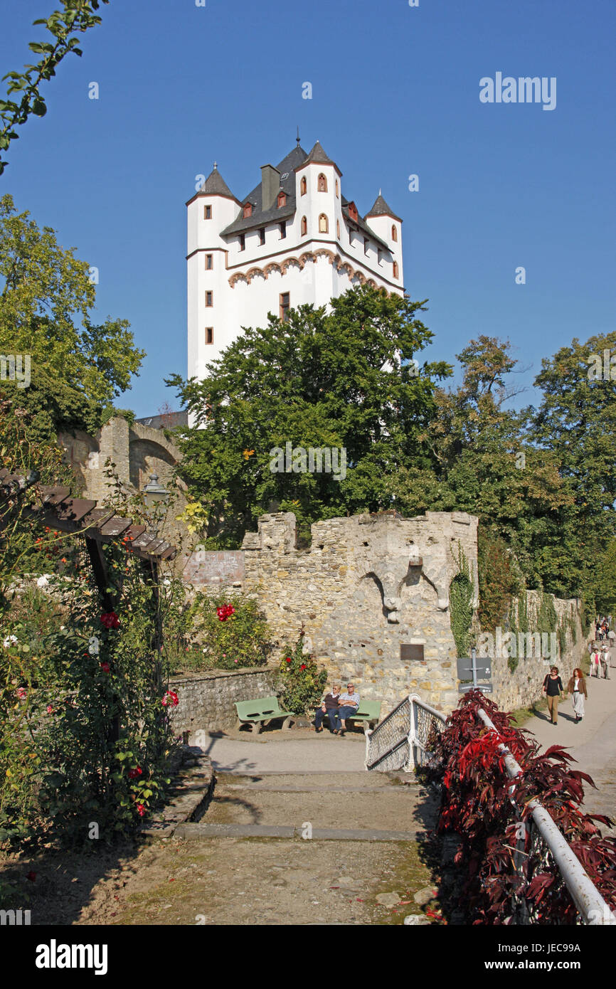 Germania, Assia, Eltville, castello elettorale, cielo blu, Reno Hessians, Rhinegau Taunus circle, castello, Castello di depressione, struttura difensiva, muro di pietra muro difensivo, Medioevo, Gutenberg's Memorial, landmark, luogo di interesse, selle, parco-panche, alberi, turismo, persona, turistico, sole, Foto Stock