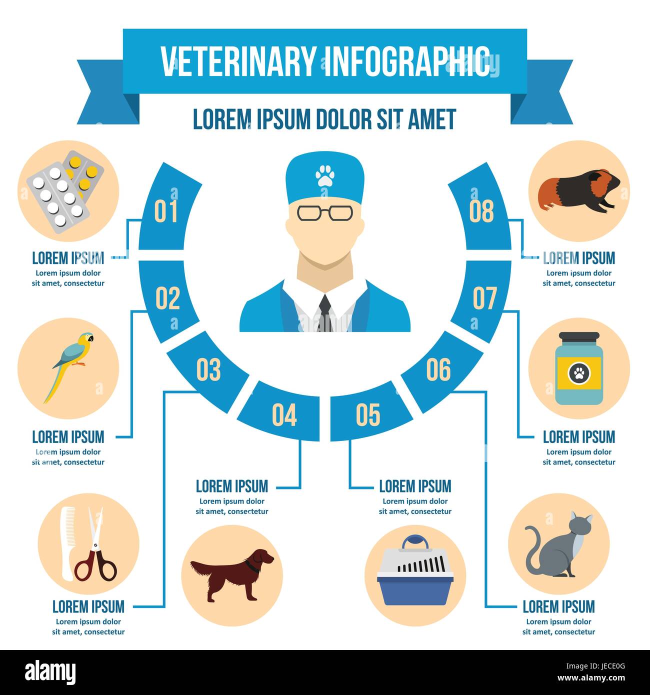 Clinica veterinaria ed infografico concetto, stile piatto Illustrazione Vettoriale