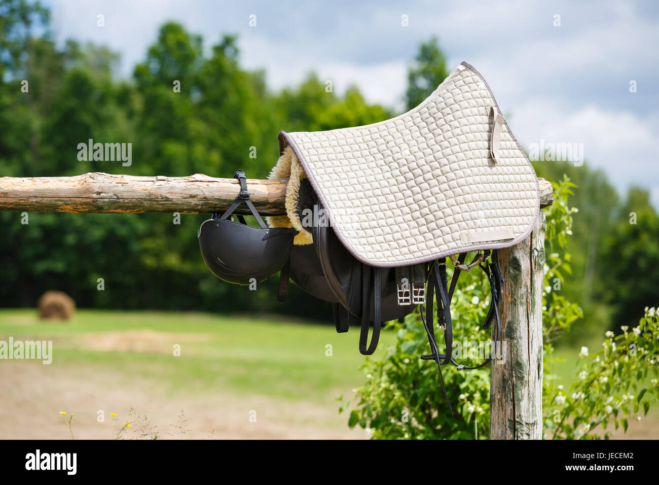 Attributi hobby horse rider su una staccionata in legno in estate Foto Stock