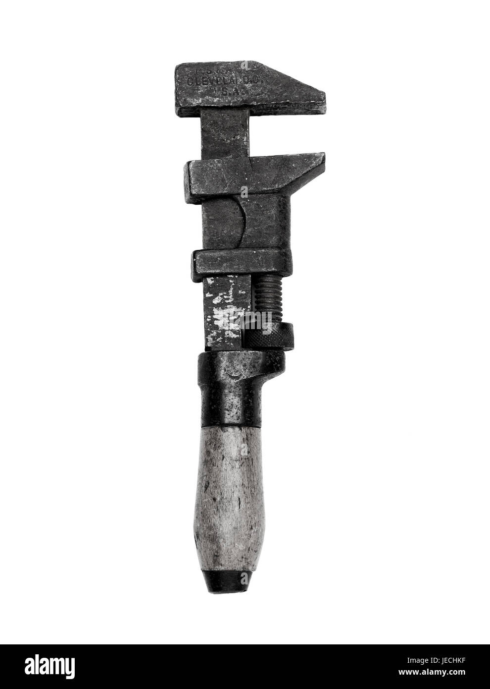 Bianco e nero vintage chiave con manico in legno Foto Stock