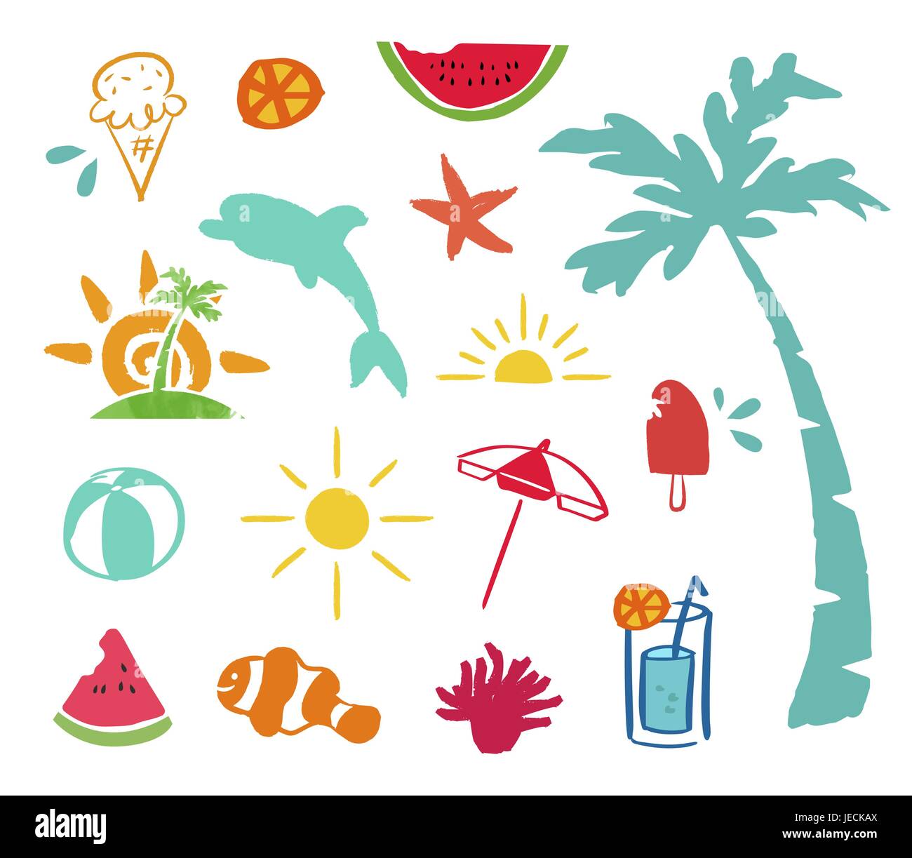 Estate doodle icona impostare, disegnato a mano gli elementi di decorazione per la stagione estiva. Include party drink, animali marini ed ombrellone. EPS10 vettore. Illustrazione Vettoriale