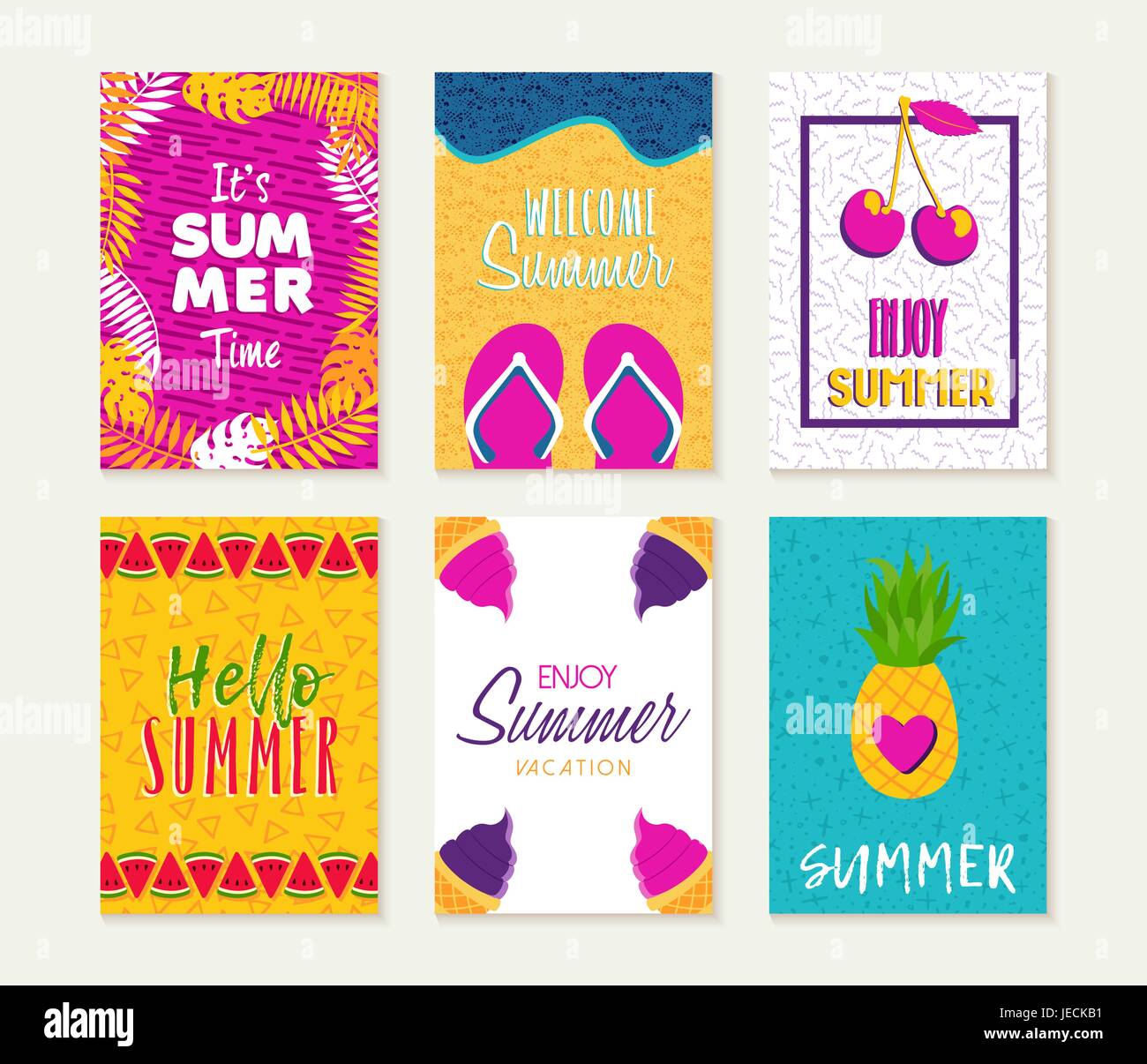 Estate insieme di modelli, estate vacanza preventivi con divertenti illustrazioni di stagione. Ideale per il biglietto di auguri, invito alla festa, opuscolo o poster. EPS10 vecto Illustrazione Vettoriale