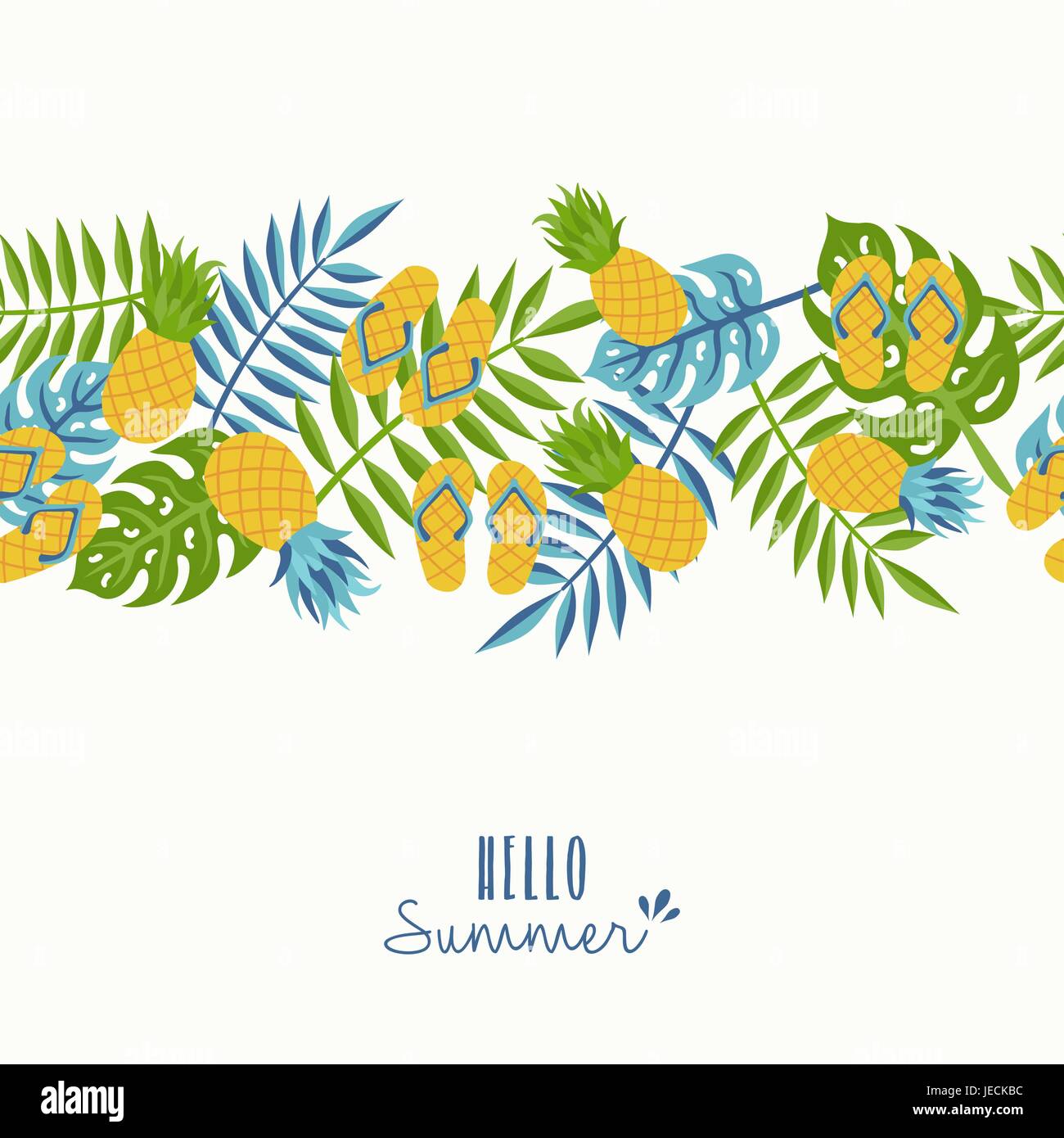 Estate felice bigliettino con design tropicale pattern senza soluzione di continuità e la tipografia preventivo. Include ananas, di foglie di palma, flip-flop. EPS10 vettore. Illustrazione Vettoriale