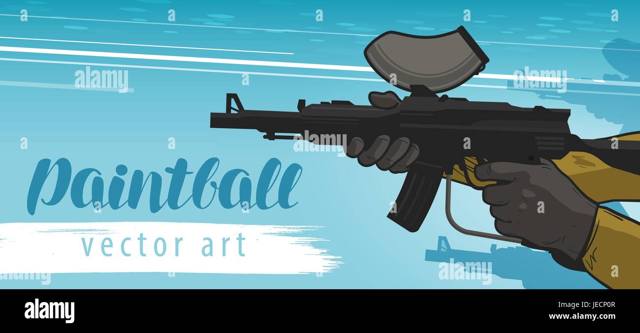 Il paintball banner. Sport gioco di squadra, il fucile di assalto. Fumetto illustrazione vettoriale Illustrazione Vettoriale