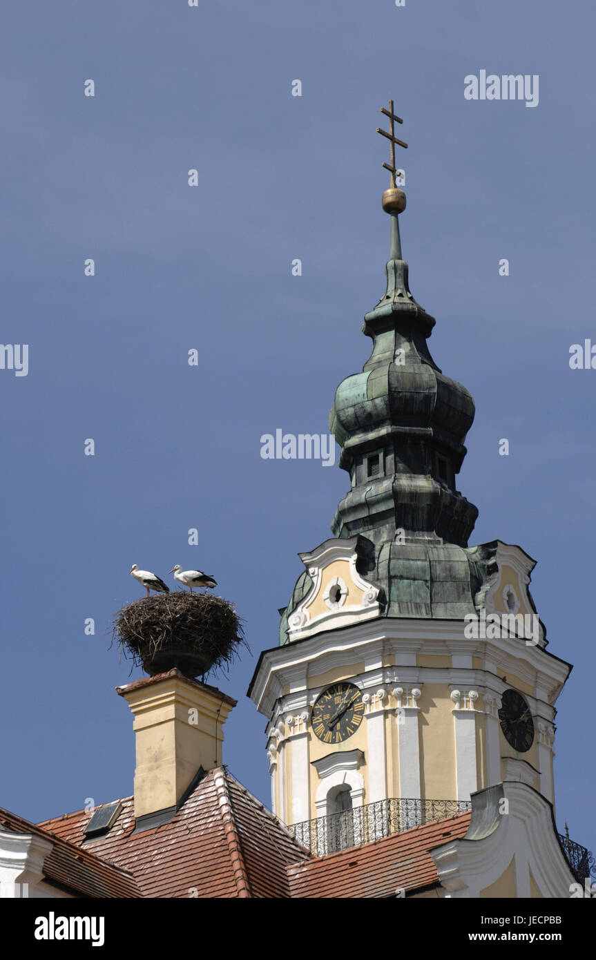 In Germania, in Baviera, Donauwoerth, chiostro Heilig croce, Steeple, tetto, camino, Stork|s nido, Foto Stock