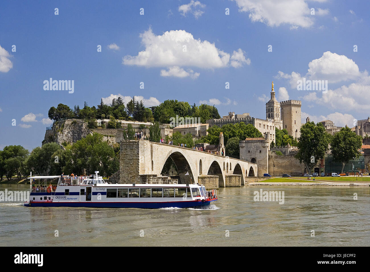 Francia, Provence, Avignone, vista città, papa's Palace, fiume, Pont St-Benezet, vacanza nave, città, palace, raddoppia palace, struttura, architettura e cultura, luogo di interesse, destinazione, turismo, UNESCO-patrimonio culturale mondiale, il Rodano, nave turistica, persona, viaggio in barca, boot tour, viaggio in battello, estate, escursioni turistiche Foto Stock