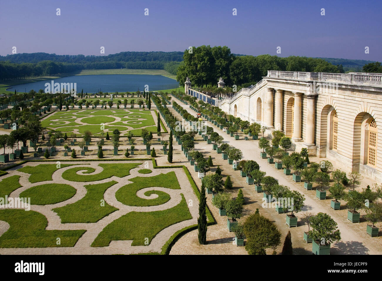 Versailles, castello, acqua cembalo, bloccare il giardino, parco, parco, giardino ornamentale, arbusti ornamentali, bacino, lago, stagno, deserte, luogo di interesse, l'UNESCO-patrimonio culturale mondiale, destinazione, turismo, Foto Stock