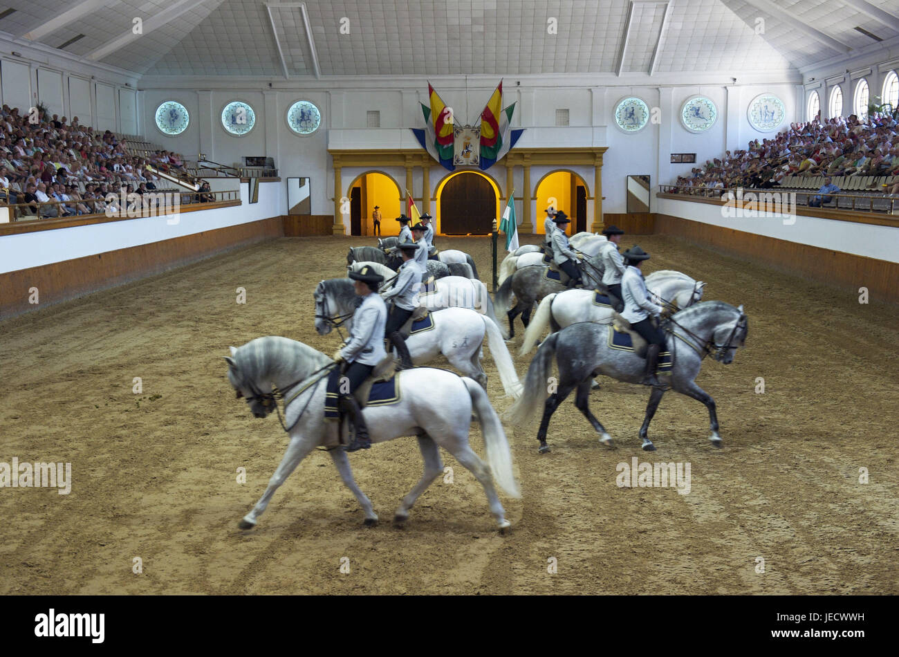 Spagna, Andalusia, provincia di Cadiz, Jerez de la Frontera, Spurgo del regio-andaluso accademia di equitazione, Foto Stock