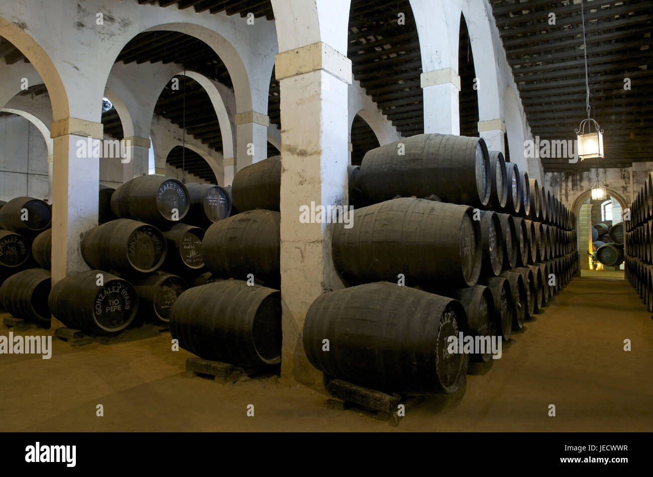 Spagna, Andalusia, provincia di Cadiz, Jerez de la Frontera, botti di vino in una cantina di vini, Foto Stock