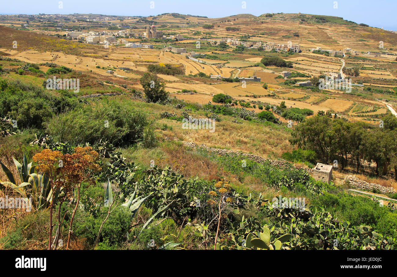 Paesaggio rurale vista da Zebbug di Ghasri village e valle, Gozo, Malta Foto Stock