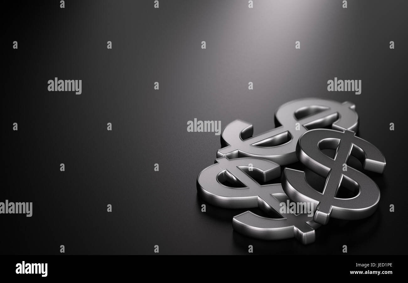 3d illustrazione di tre simboli di dollaro su sfondo nero, design delle finanze Foto Stock