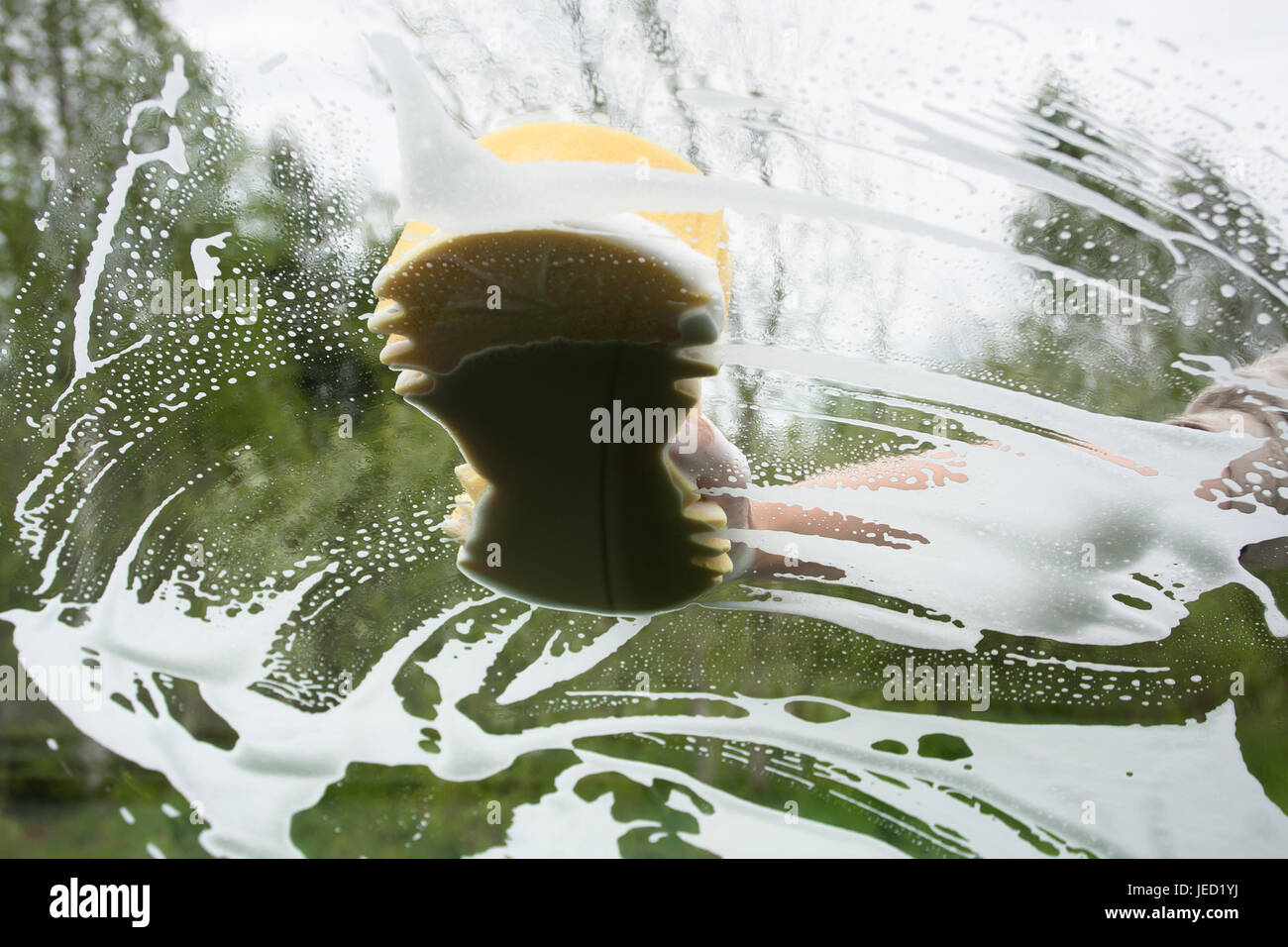 Lavaggio a mano finestra di auto con spugna, vista interna Foto Stock