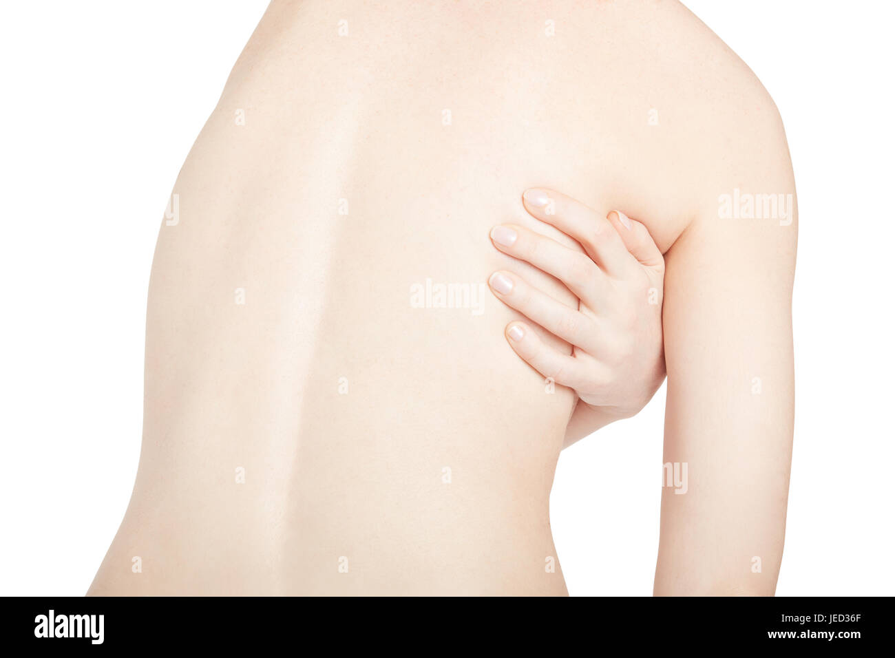 Donna con spalla dolore isolato su bianco, percorso di clipping incluso Foto Stock