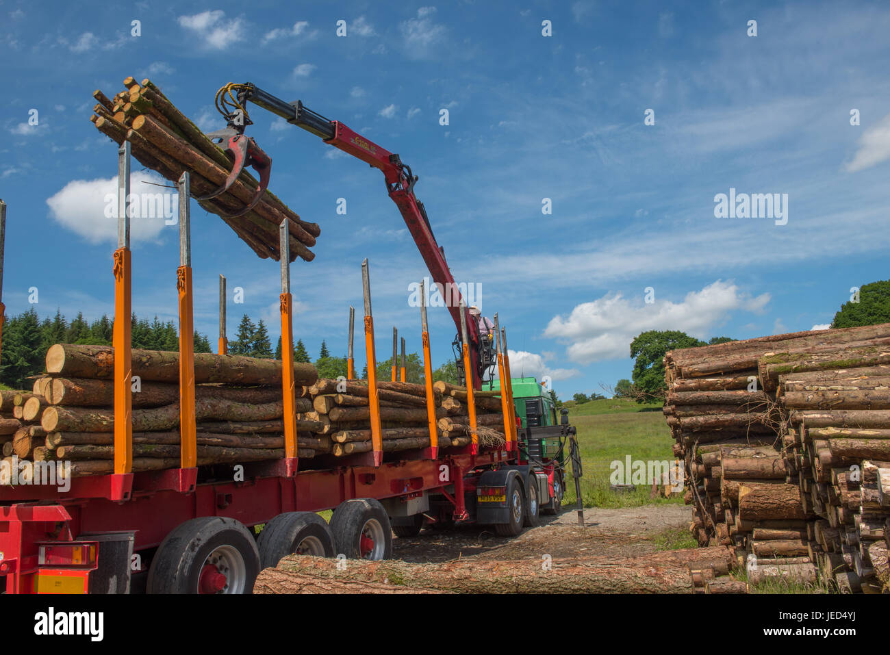 Il caricamento dei registri segato su un carrello a lontano Sawrey in Cumbria Foto Stock