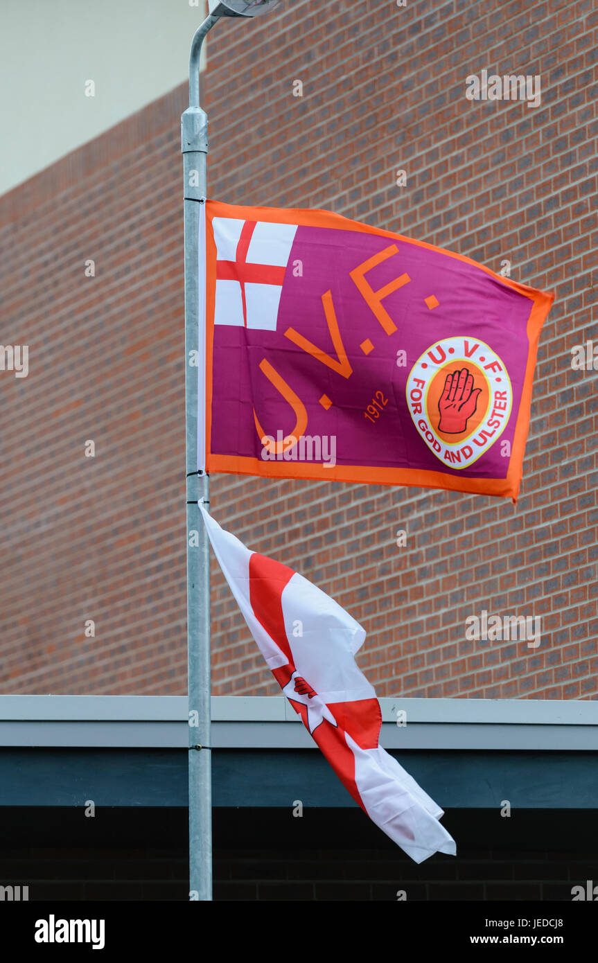 Belfast, settentrionale, Irlanda. Il 23 giugno, 2017. Un certo numero di misto/integrato aree residenziali nel sud di Belfast sono stati mirati con un gran numero di bandiere, compresi alcuni flag UVF dopo i residenti si è lamentato. Credito: Stephen Barnes/Alamy Live News Foto Stock