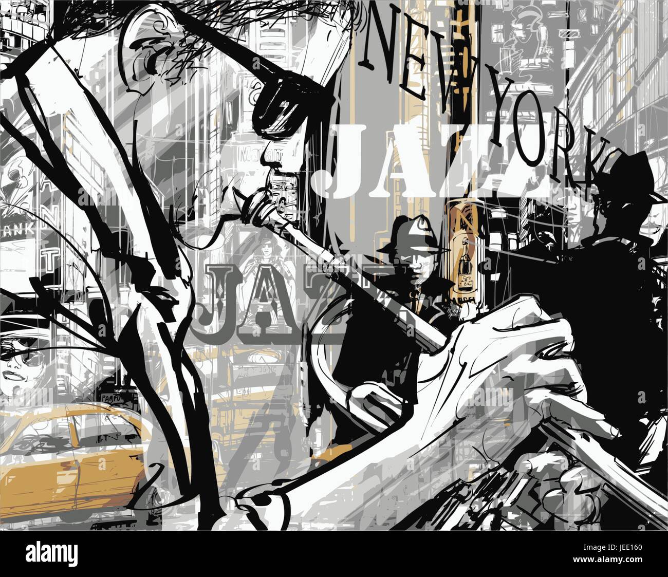 Jazz trombettista in una strada di New York - illustrazione vettoriale Illustrazione Vettoriale