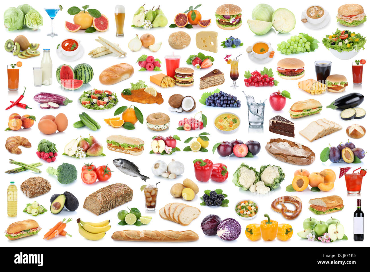 Cibo e bevande insieme collage mangiare sano frutta ortaggi frutta bevande isolato su uno sfondo bianco Foto Stock