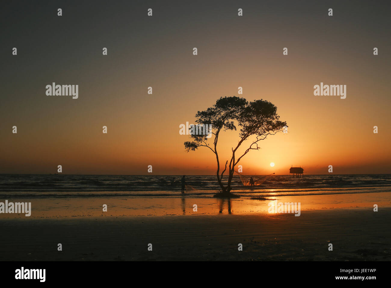 Pescatore sulla spiaggia golden sunrise Tan Thanh beach Go Cong Viet Nam atmosfera romantica silhouette nera Foto Stock