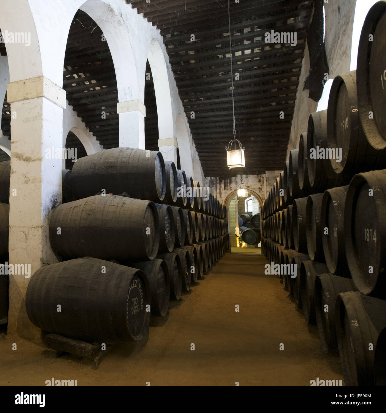 Spagna, Andalusia, provincia di Cadiz, Jerez de la Frontera, botti di vino in una cantina di vini, Foto Stock