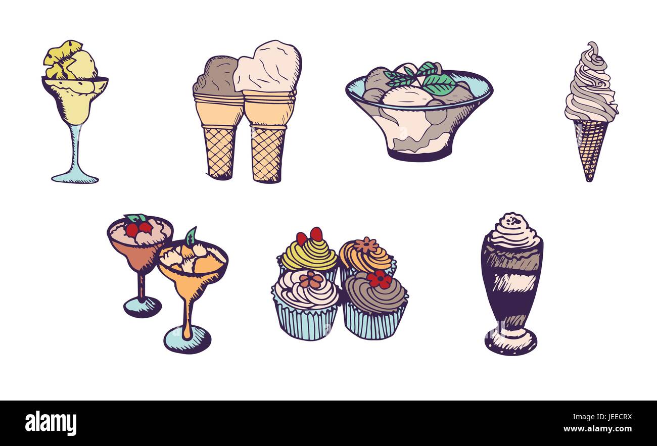 Set di vettore di varietà di gelati e torte di coppa Illustrazione Vettoriale