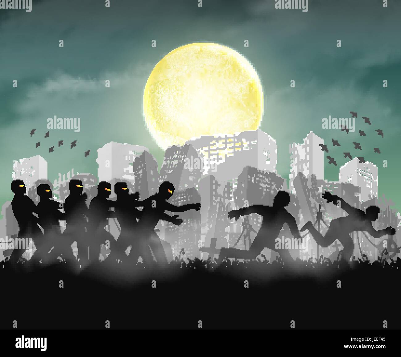 Esecuzione umana da zombie di notte una città in rovina Illustrazione Vettoriale