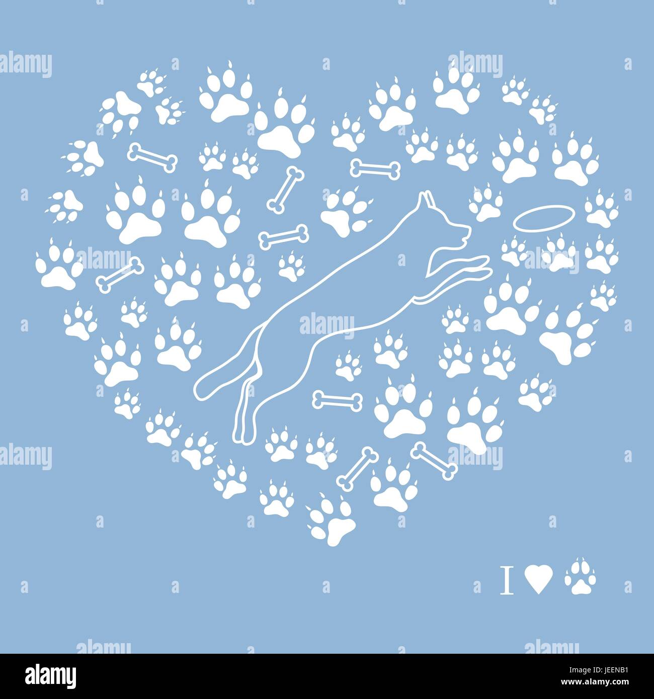 Bella immagine del cane di salto silhouette su uno sfondo di cane le vie e le ossa in forma di cuore su uno sfondo colorato. Illustrazione Vettoriale