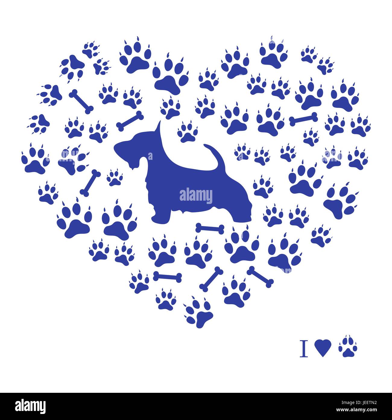 Bella immagine di scotch terrier silhouette su uno sfondo di cane le vie e le ossa in forma di cuore su uno sfondo bianco. Illustrazione Vettoriale