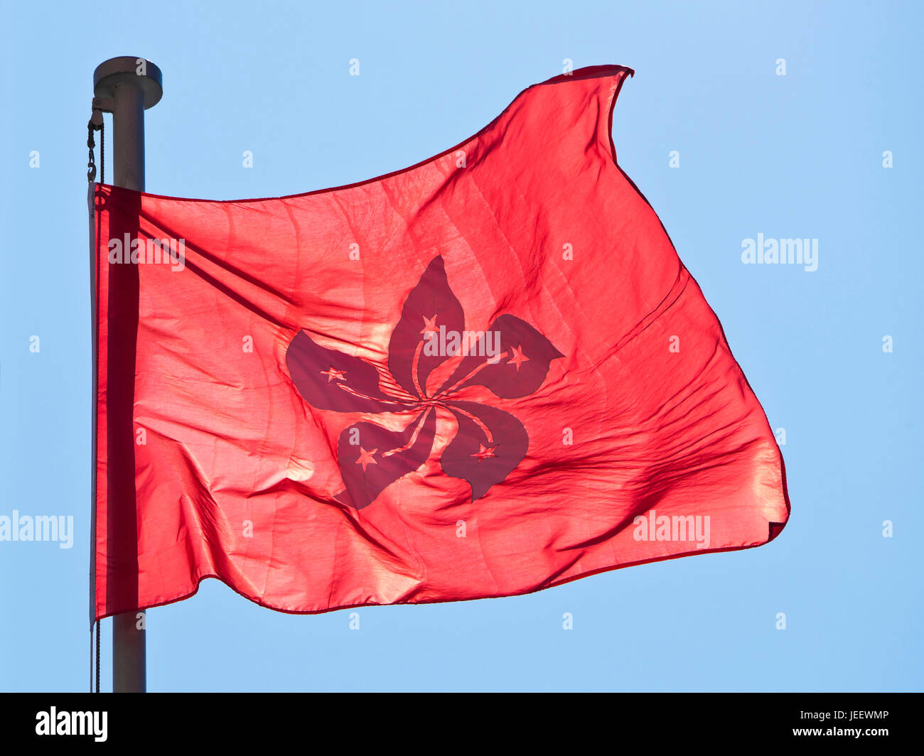 Orizzontale di vista ravvicinata della nuova bandiera nazionale di Hong Kong, Cina. Foto Stock