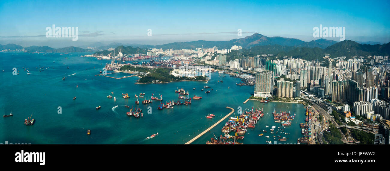 Antenna orizzontale paesaggio panoramico di Hong Kong, Cina. Foto Stock