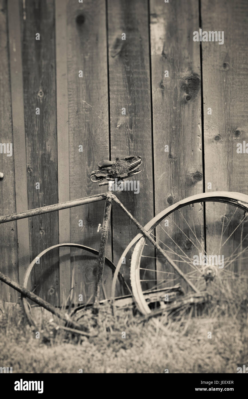 Vecchio rotto bicicletta vintage e pareti in legno. Ancora rurale vita. Foto Stock