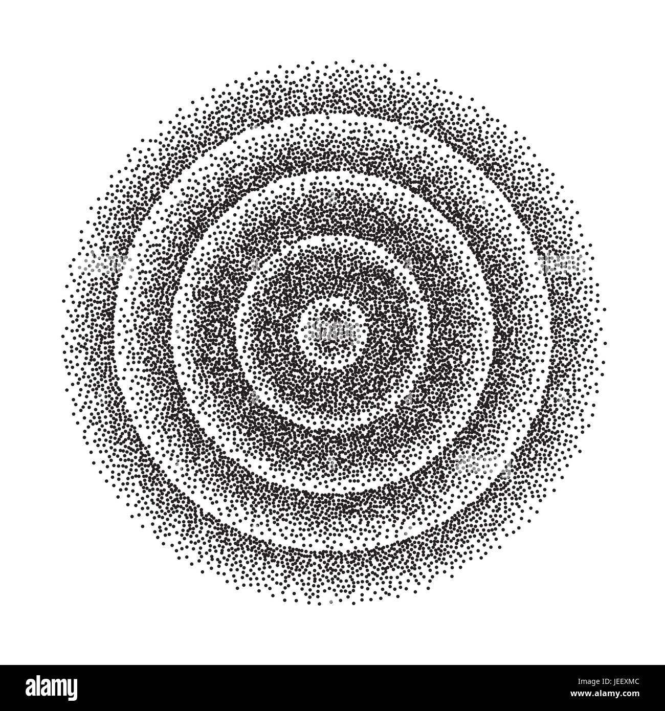 Abstract forma geometrica vettore. Nero rotondo punteggiata cerchio. Grana di pellicola, rumore, Grunge Texture. Incisione Dotwork illustrazione vettoriale. Illustrazione Vettoriale