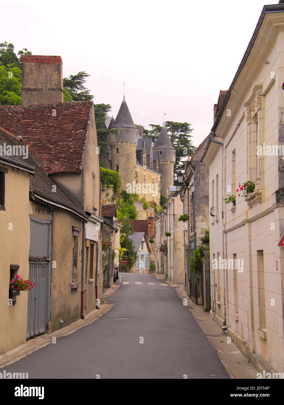 Vista della Rue Grande e chateau, Montresor, Francia Foto Stock