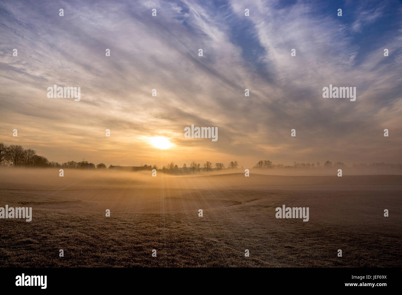 Al mattino in Baviera con salendo nebbia., Morgens in Bayern mit aufsteigendem Nebel. Foto Stock