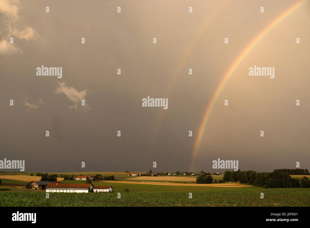 Rainbows in Baviera dopo un temporale estivo., Regenbogen in Bayern nach einem Sommergewitter. Foto Stock