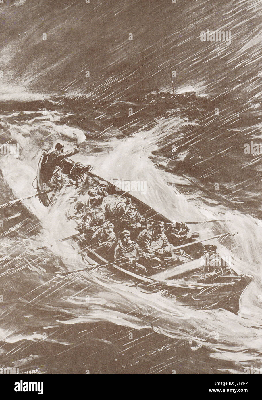 Superstiti canottaggio una scialuppa di salvataggio, Collier nave Deptford, aggredito, silurato dal tedesco U barca, 1915 Foto Stock