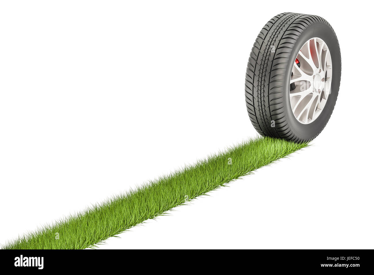 Pneumatici per auto con stampa di erba, eco concetto. 3D rendering isolati su sfondo bianco Foto Stock